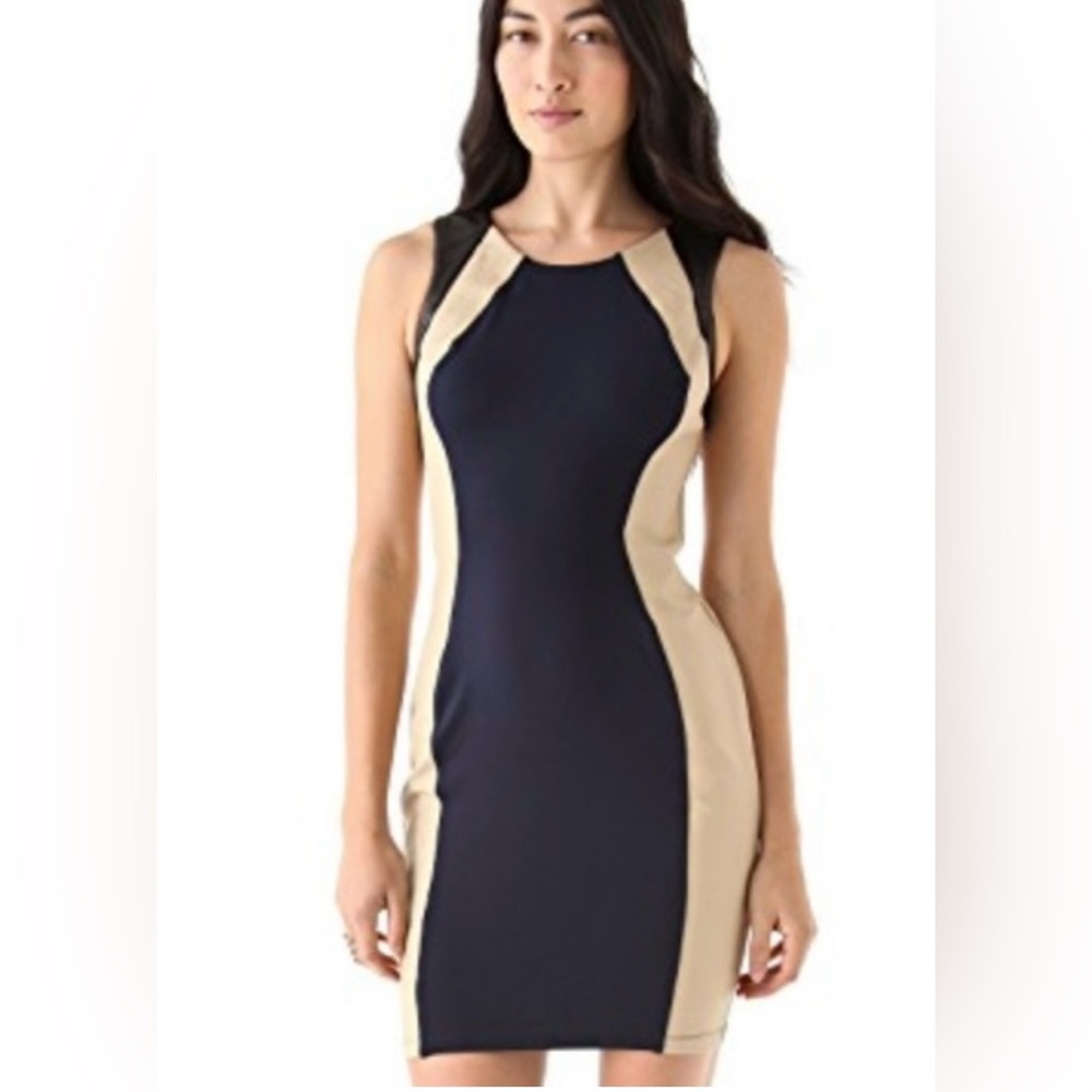 David Lerner Sz Small Black Stretch Fabric Lambskin Tan cocktail bodycon Dress